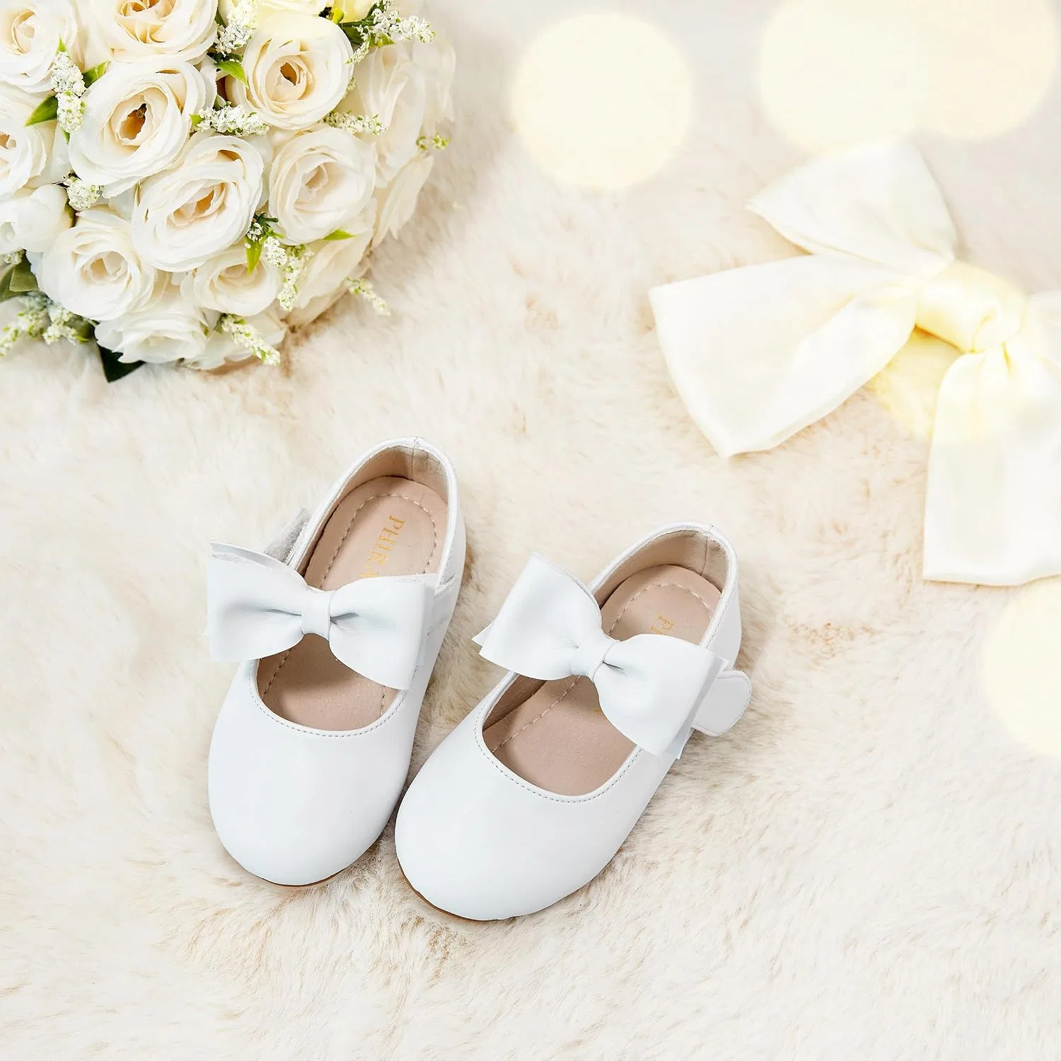 Детские туфли Мэри Джейн для девочек PHIRAMIN, Fashionable Bowknot White — фото 4