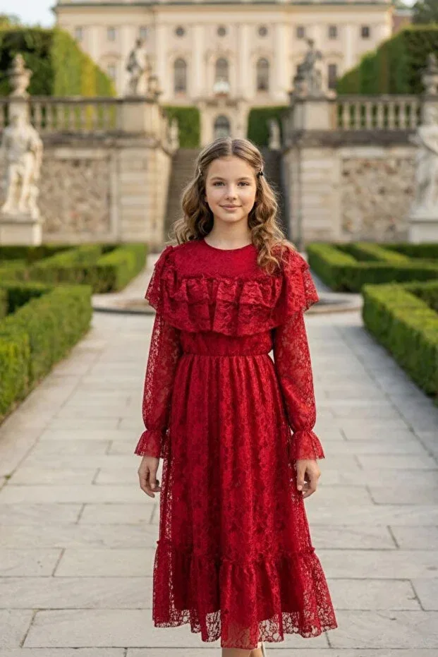 Детское платье для девочек кружевное Hç Hülya Çelik Kidswear 2018, Burgundy Hç Hülya Çelik Kidswear 2018 — фото 2