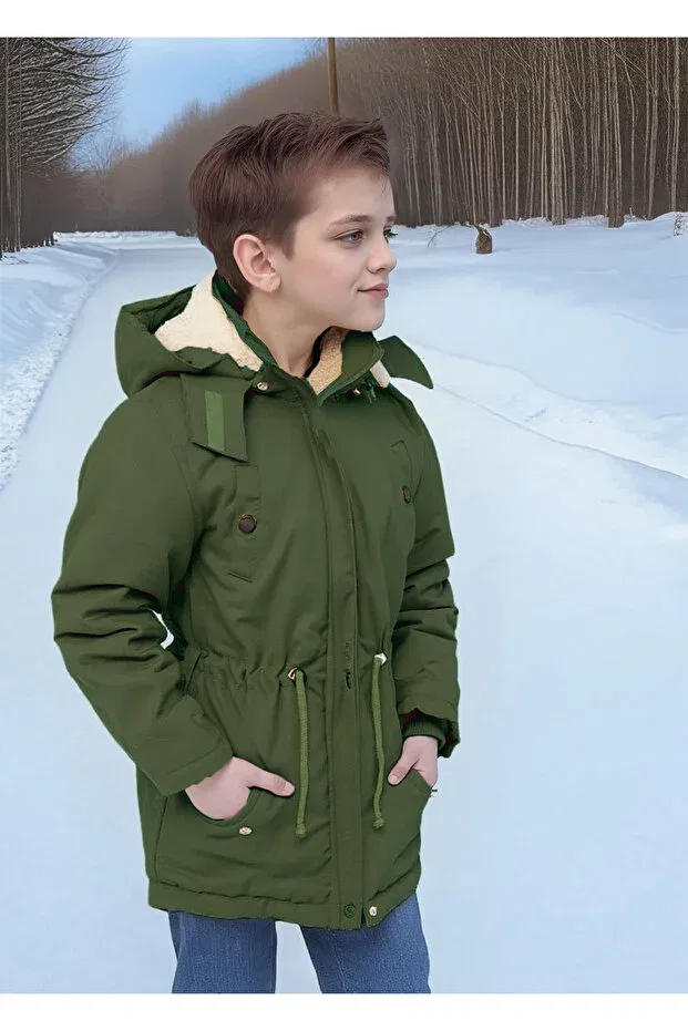 Детское пальто для девочек с капюшоном Waterproof canvas fabric fur winter thick coat - durable and machine washable Joui Co, Khaki — фото 2