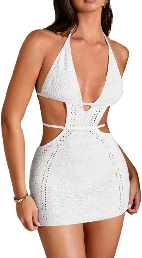 Женское сексуальное платье миди с вырезами Halter, White