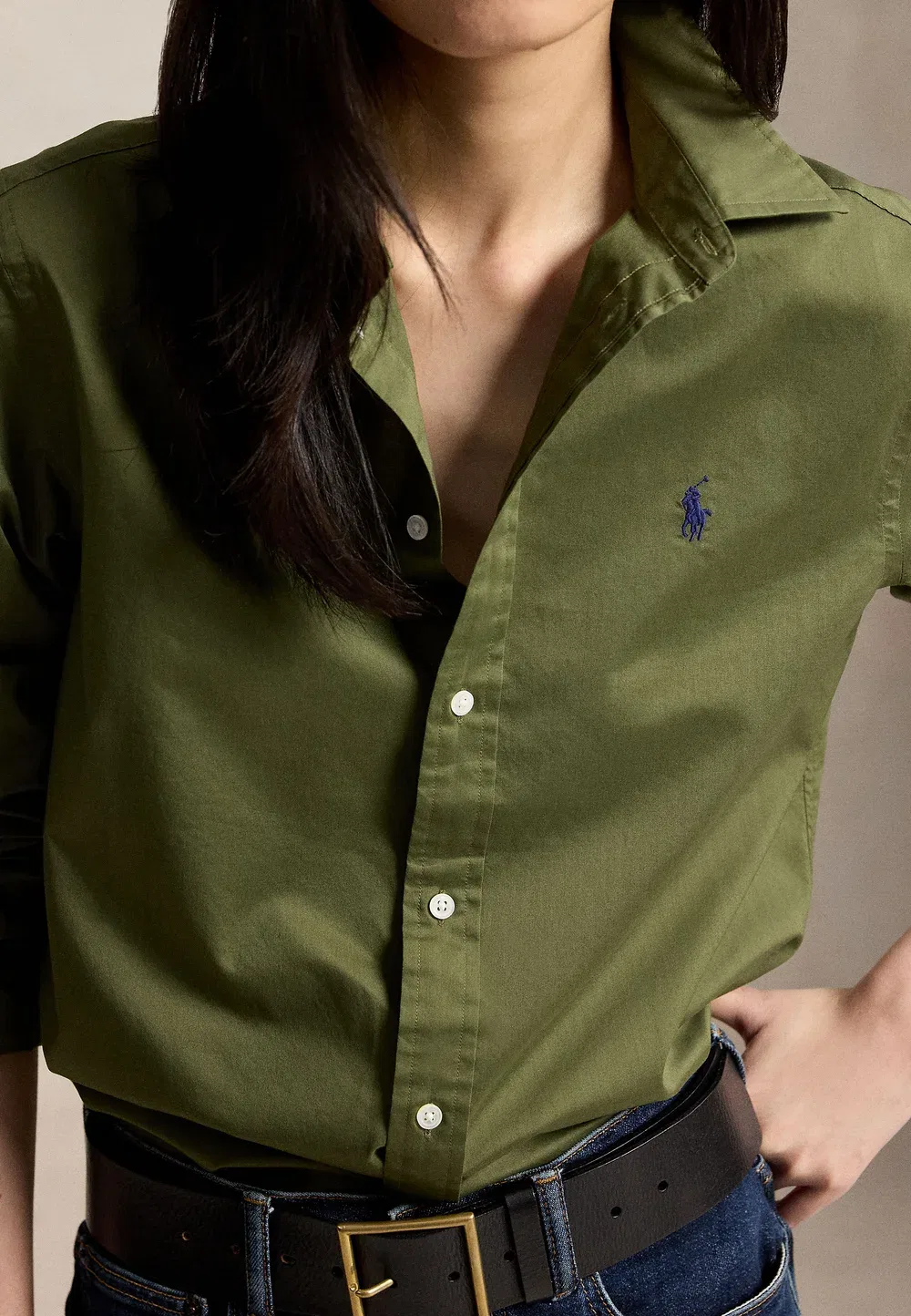 Классическая рубашка из хлопкового твила - блузка на пуговицах Polo Ralph Lauren, Dense Olive — фото 4