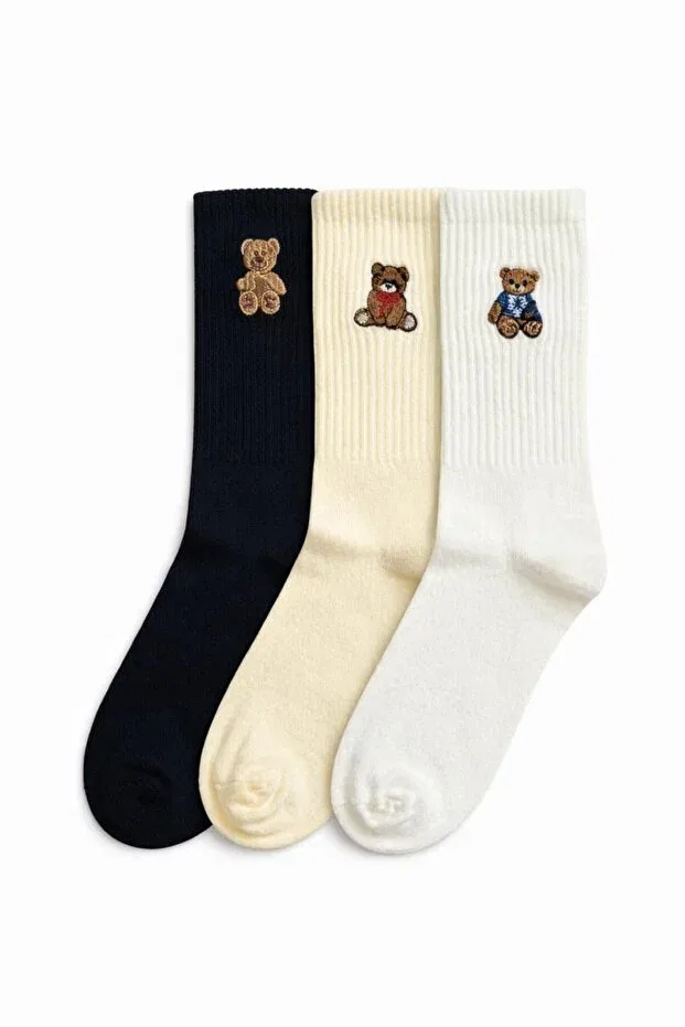 Детские носки с принтом Unisex set of 3 teddy bear embroidered socks Ous, Multicolor