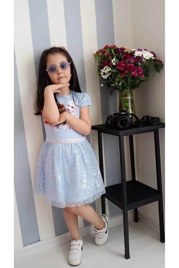 Детское платье для девочек с принтом Frozen Elsa Short Sleeve Dress Oliveyoumom, Blue — фото 3