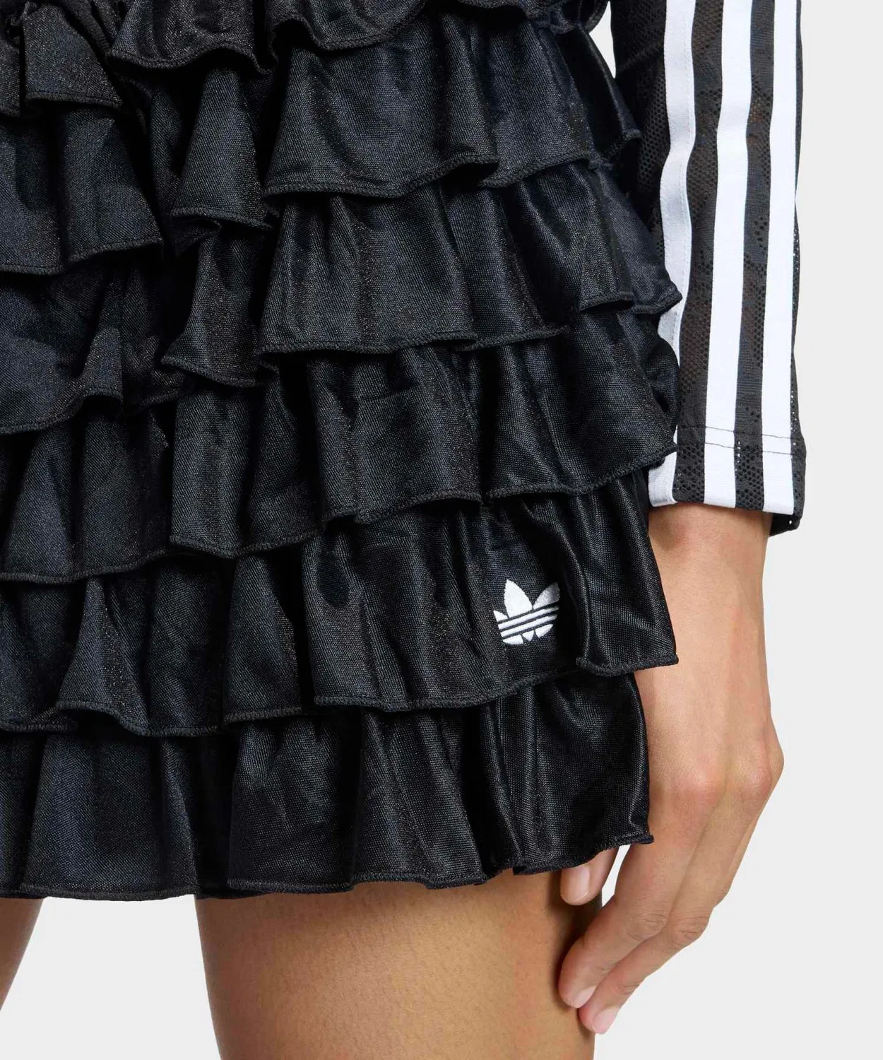 Женская мини-юбка с кружевом и рюшами, модель Lace Frill Mini Skirt Adidas, Black — фото 3