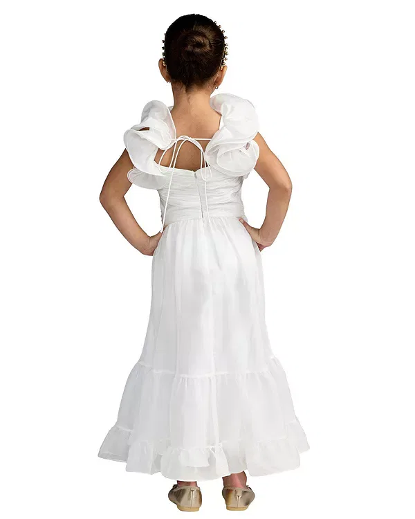 Детское платье для девочек с принтом Floral Chiffon Ruffle Shoulder Dress Mac DUGGal, белый — фото 2