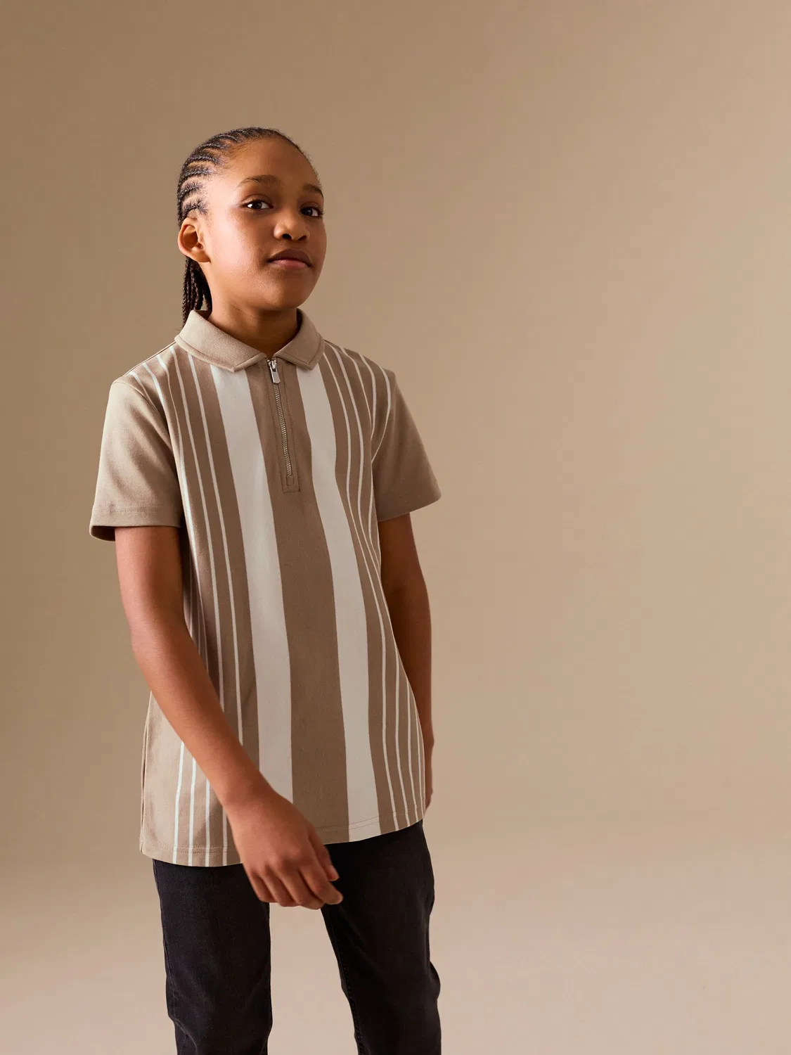 Поло с застежкой-молнией, вертикальная полоска, Neutral Vertical Stripe Zip Neck Polo Shirt Next, нейтральный