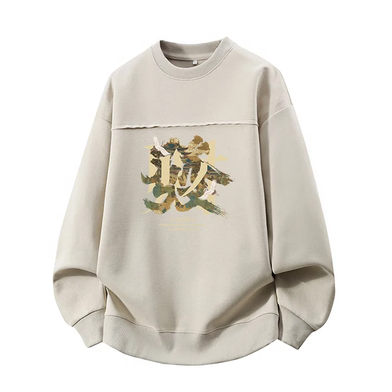 Детский свитшот с принтом Tonlion Ton Lion Solid Color Basic American Retro Loose Casual Sporty Trend Street Hip Hoo Versatile Brand Letter Logo Fashionable Chinese Style Prosperity Print Knitted Round Neck Pullover Long Sleeve Top, Raw White — фото 3