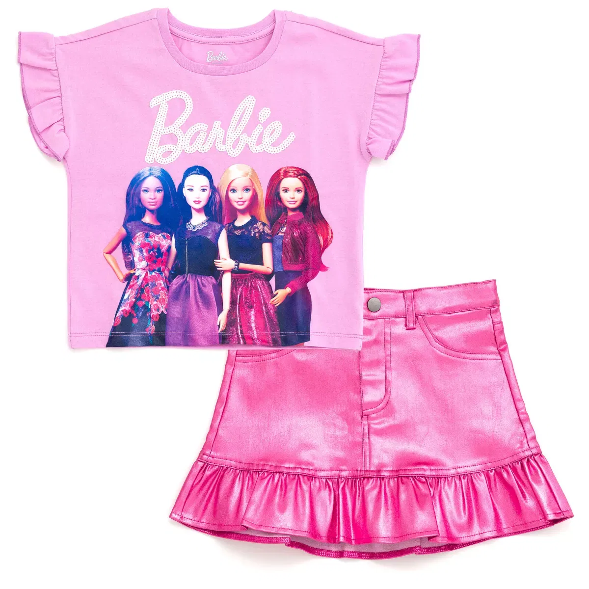 Детский комплект для девочек с принтом Barbie T-Shirt Twill Metallic Skirt Outfit Set, Barbie, Pink