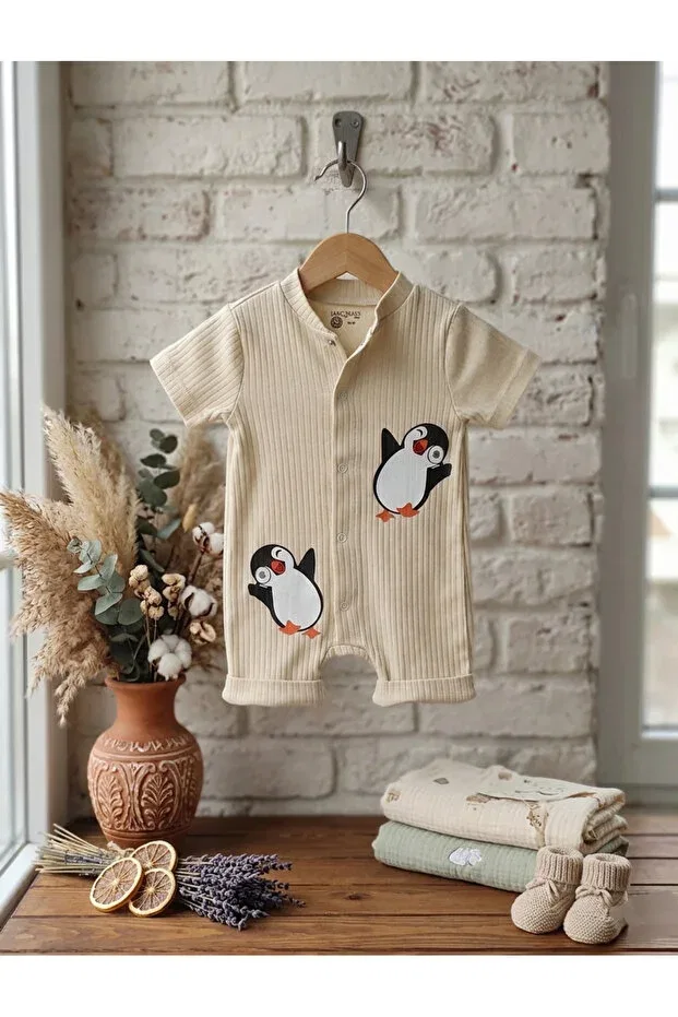 Детское боди-комбинезон для новорожденных с принтом 100% Cotton Penguin Patterned Short Sleeve Shorts Jumpsuit Jakc Ways, Beige — фото 3