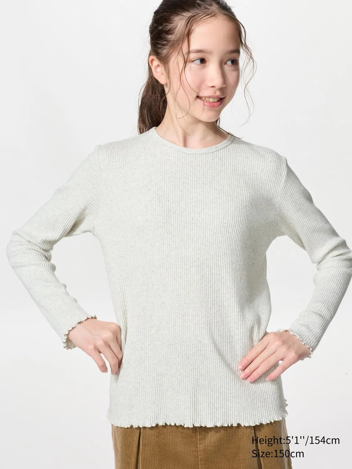 Детская футболка Uniqlo с круглым вырезом в рубчик и длинным рукавом, светло-серый