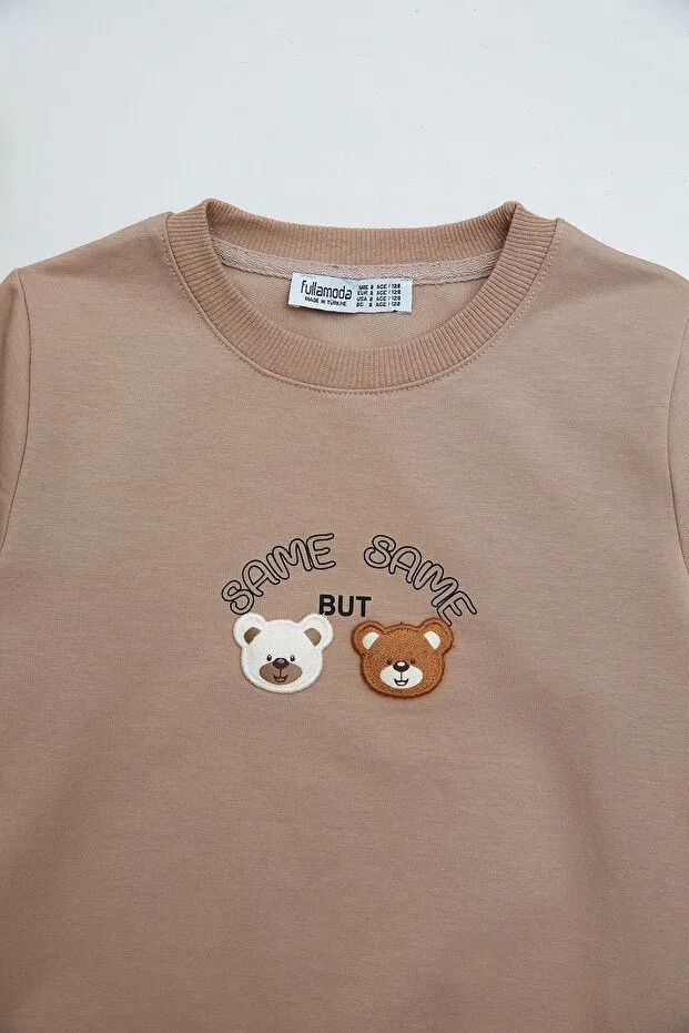 Детские свитшот для девочек с вышивкой Teddy bear embroidered crew neck Fulla Moda, Taupe — фото 2