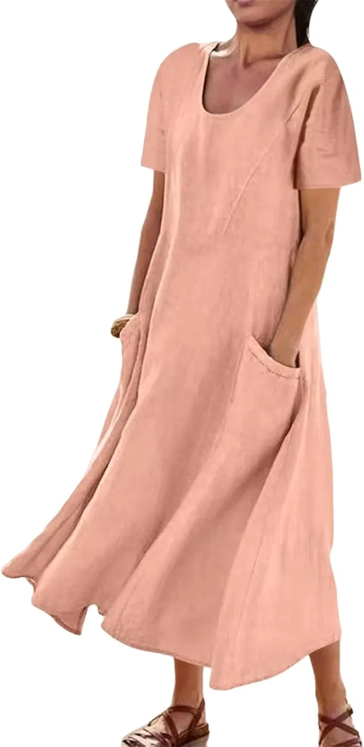 Женское длинное платье из льна и хлопка с коротким рукавом и карманами, Pink