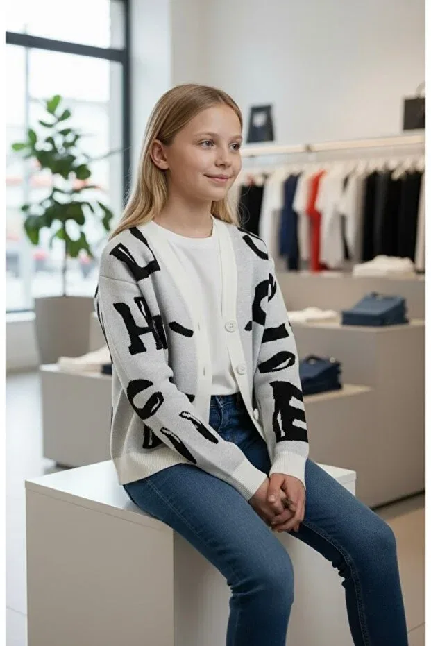 Детский вязаное кардиган для девочек с принтом Girl'S letter patterned knitwear cardigan Minimoda Kids, Ecru — фото 3