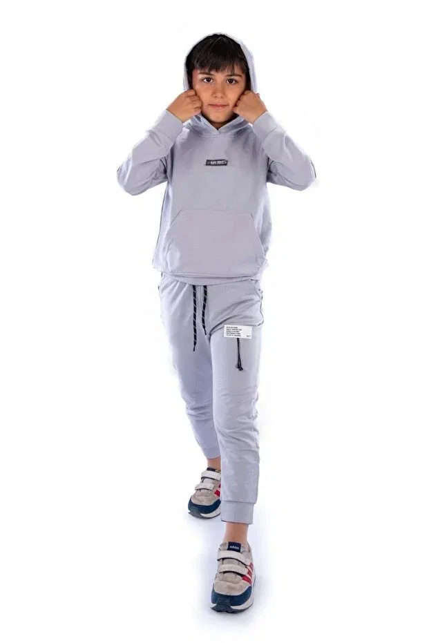 Детский спортивный костюм для мальчиков с капюшоном Class kanguru pocket hooded children's tracksuit mnk10071 Minikadam, Light Gray — фото 4