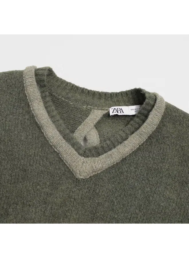 Свитер с V-образным вырезом свободный Zara, темно-зеленый — фото 4