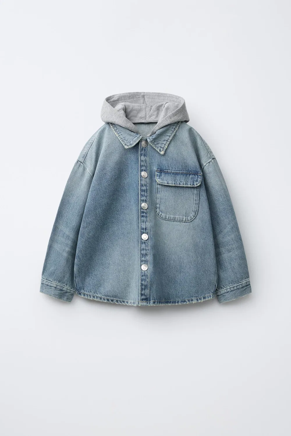 Джинсовая рубашка-куртка со съемным капюшоном ZARA, Mid-blue