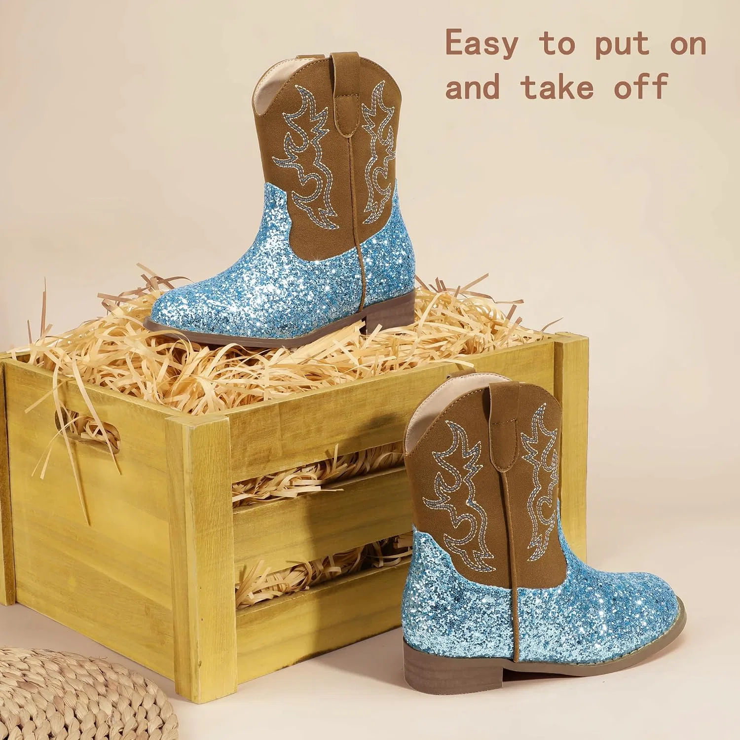 Детские сапоги для девочек с вышивкой Cowgirl Boots PANDANINJIA, Blue Sequin — фото 4