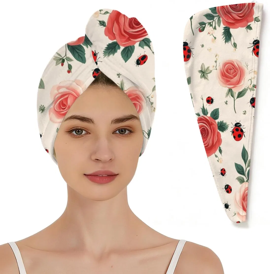 Шапочка для душа микроволокно, Mexpekil, Vintage-Rosenblüte und Marienkäfer, быстро сохнущая