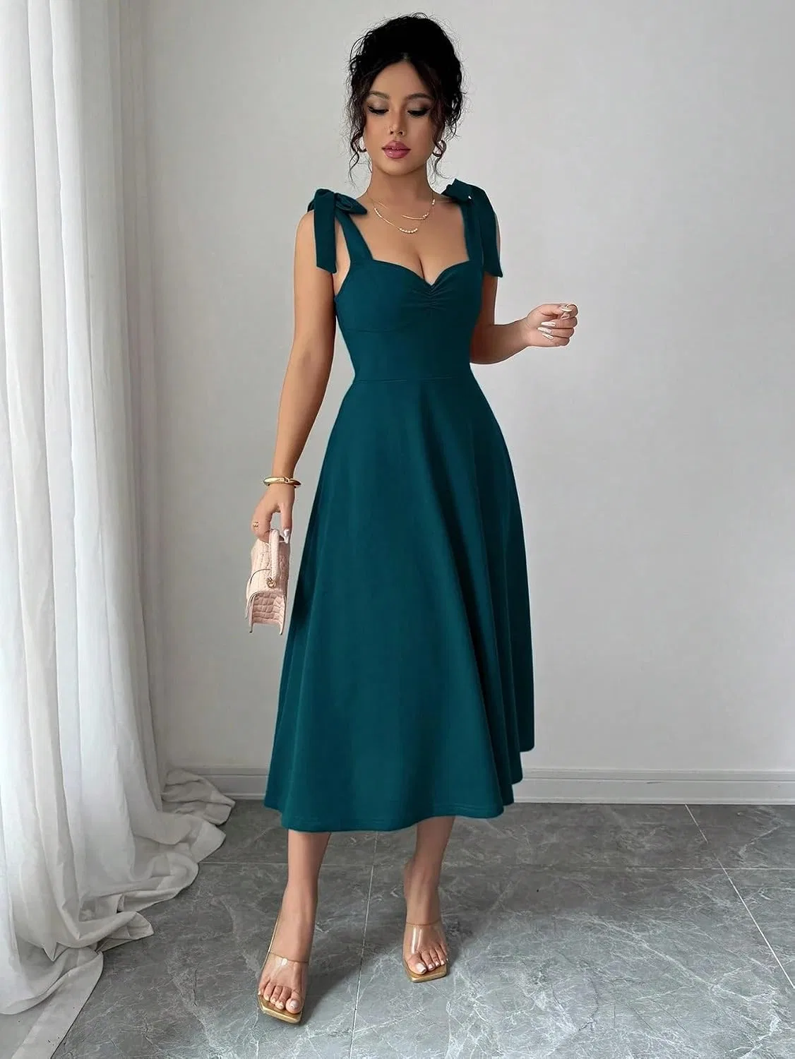 Женское коктейльное платье с бантом на талии A-силуэта, Teal Blue — фото 4