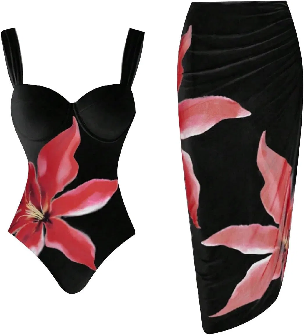 Женский танкини-комплект с цветочным принтом с юбкой, Black