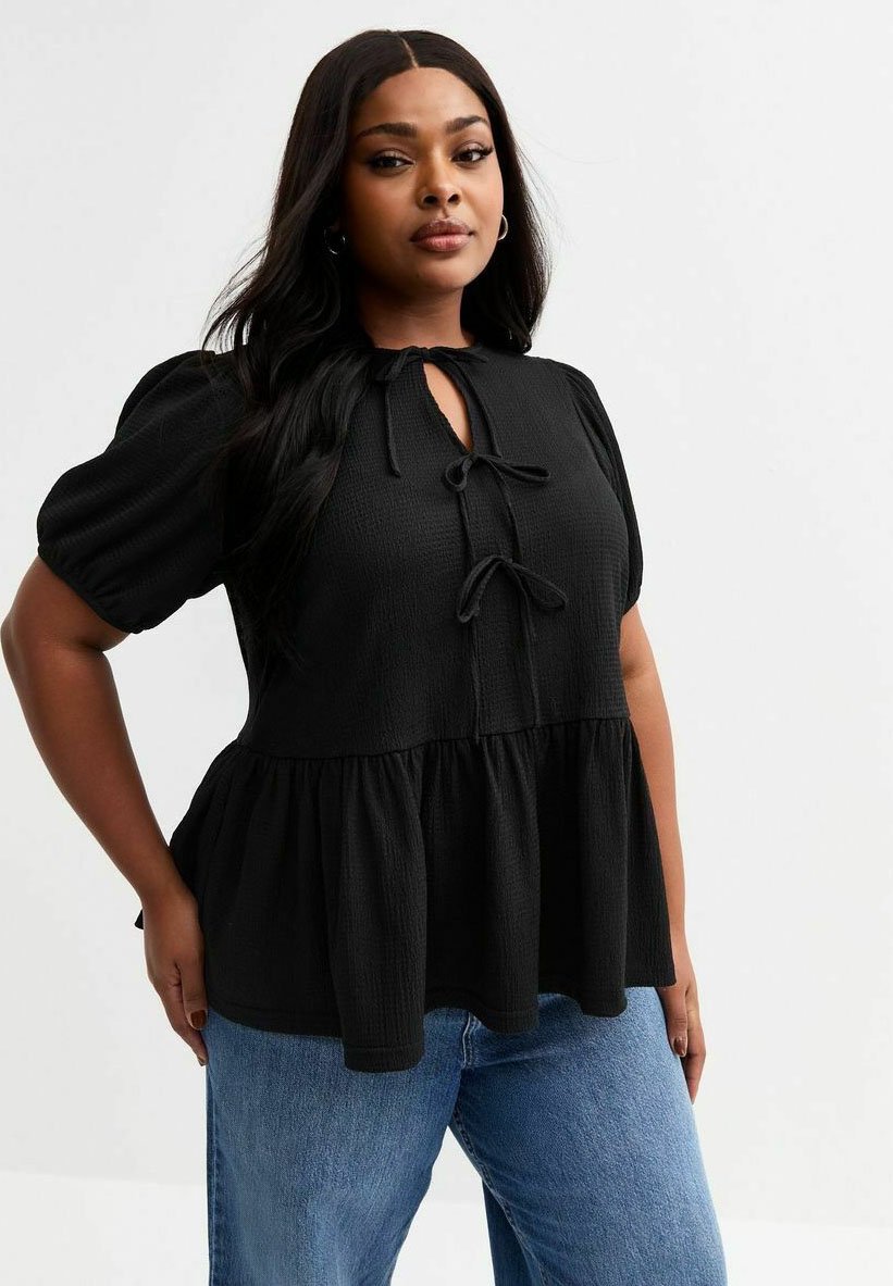

Блуза CURVES CRINKLED TIE NECK PEPLUM New Look Curves, черный
