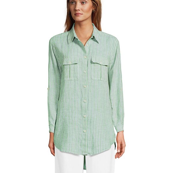

Женская льняная туника с закатанными рукавами Lands' End, Emerald Lilac Stripe, Зеленый, Женская льняная туника с закатанными рукавами Lands' End, Emerald Lilac Stripe