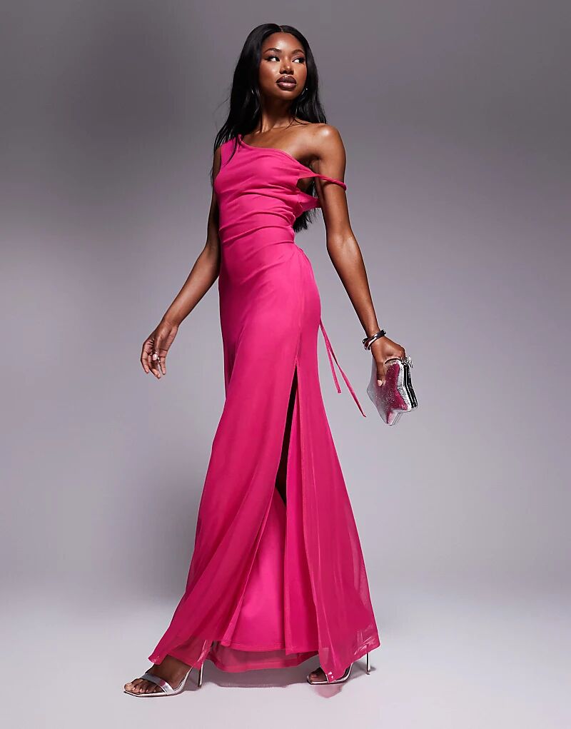 

Платье макси из сетчатой ткани с перекрученными плечами и шнуровкой на спине ASOS DESIGN розового цвета