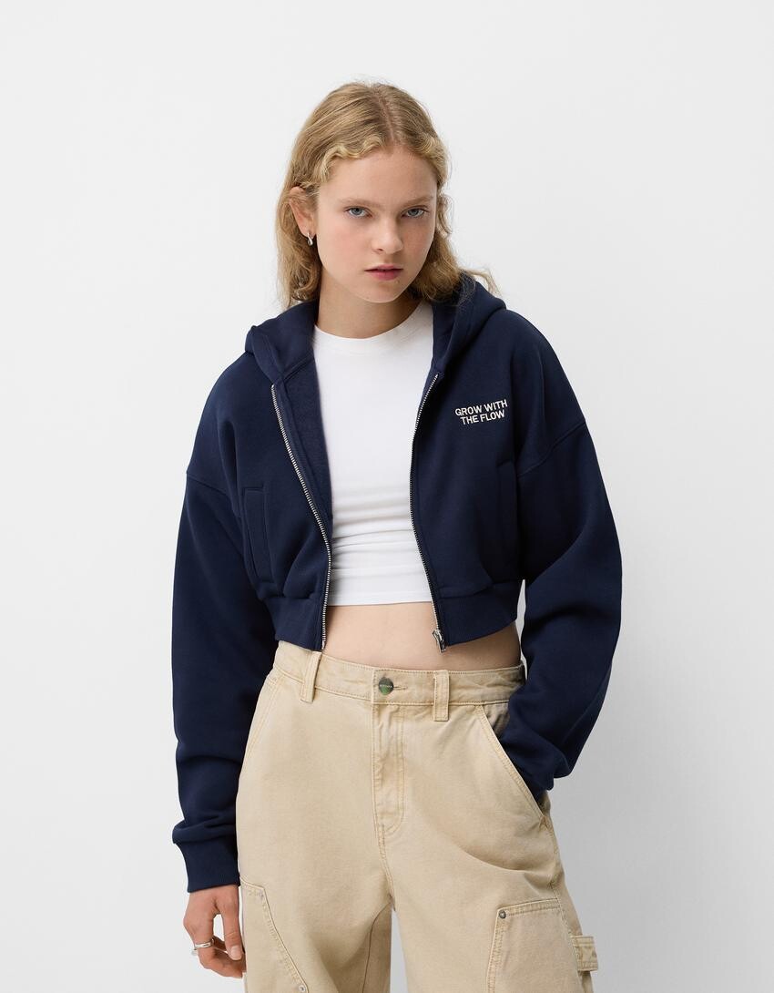 

Укороченная толстовка с капюшоном на молнии Bershka, синий
