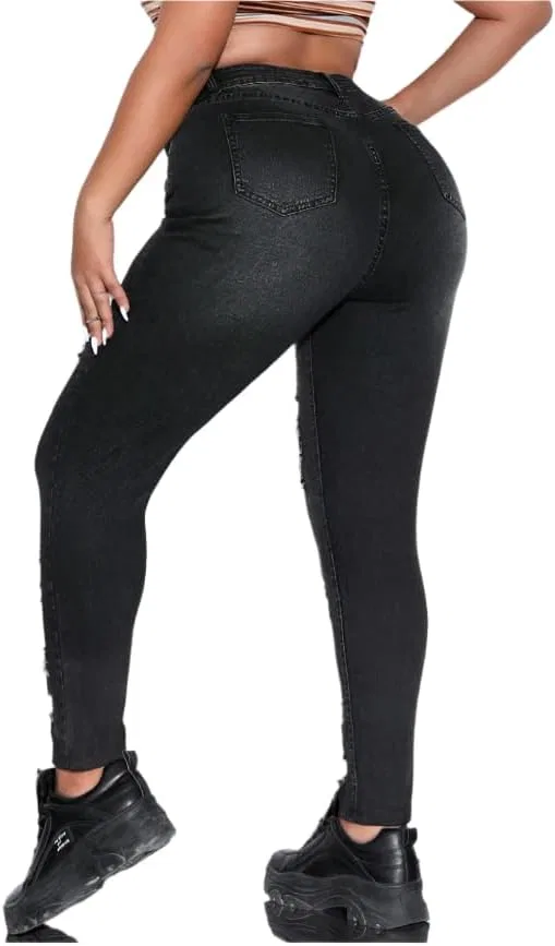 Generic Женские рваные джинсы Plus Size - потертые скинни с карманами и укороченной длиной в черном цвете — фото 3