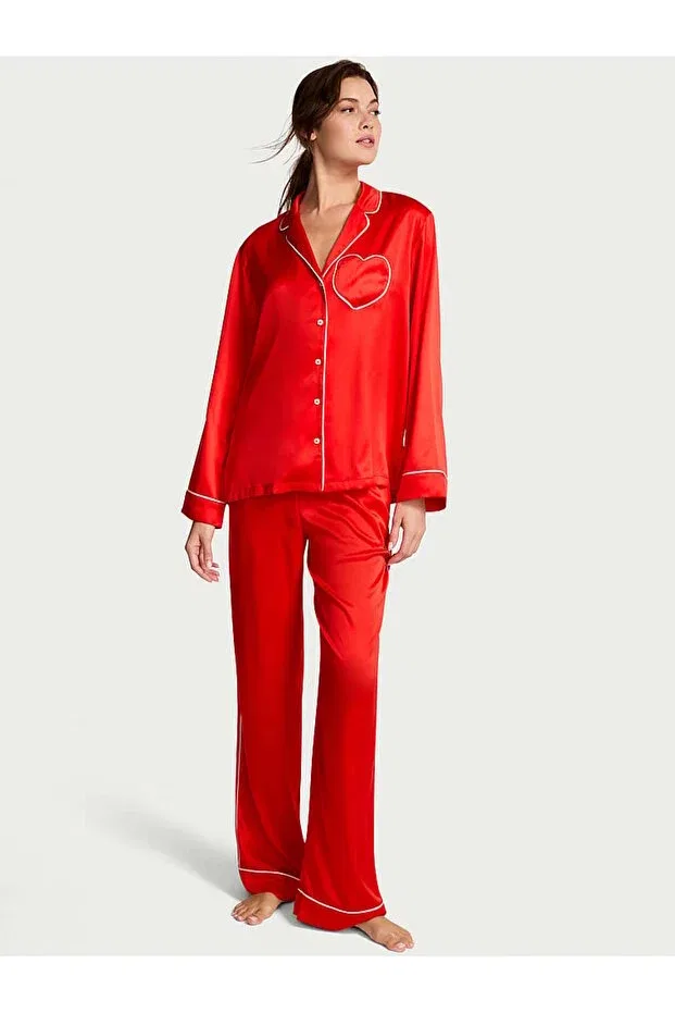 Женский комплект пижамы с длинным рукавом Heart Detailed Glazed Satin Victoria'S Secret, Heart Detailed Open Red
