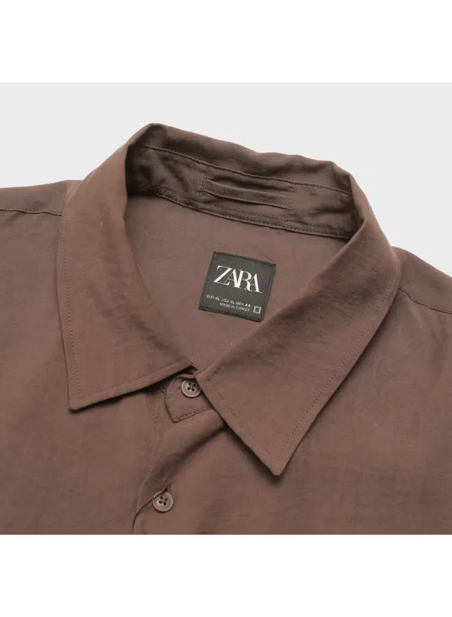 Рубашка с длинным рукавом однотонная Zara, коричневый — фото 4