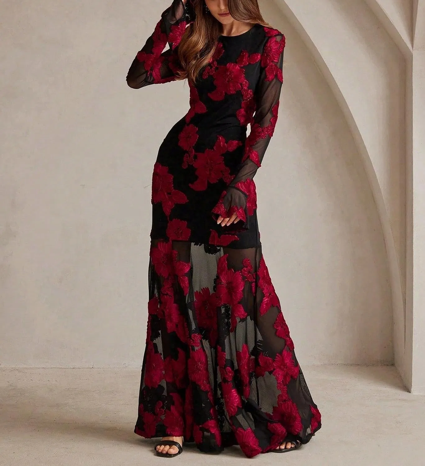 Женское вечернее платье с цветочным жаккардом A-силуэта, Black/Floral — фото 4