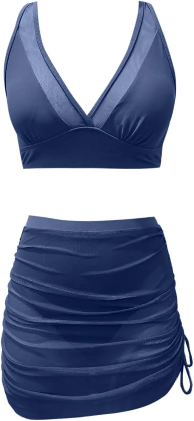 Женский бикини-комплект с завышенной талией Mesh Halter, Navy — фото 4