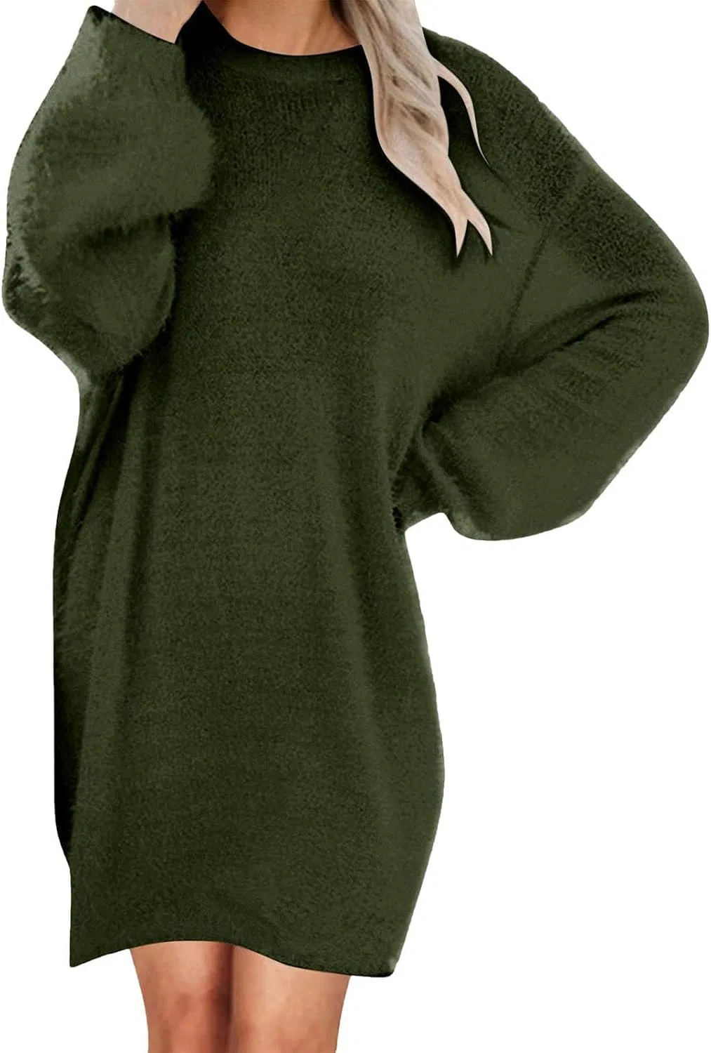 Женское свободное платье-свитер с пушистой текстурой, Army Green