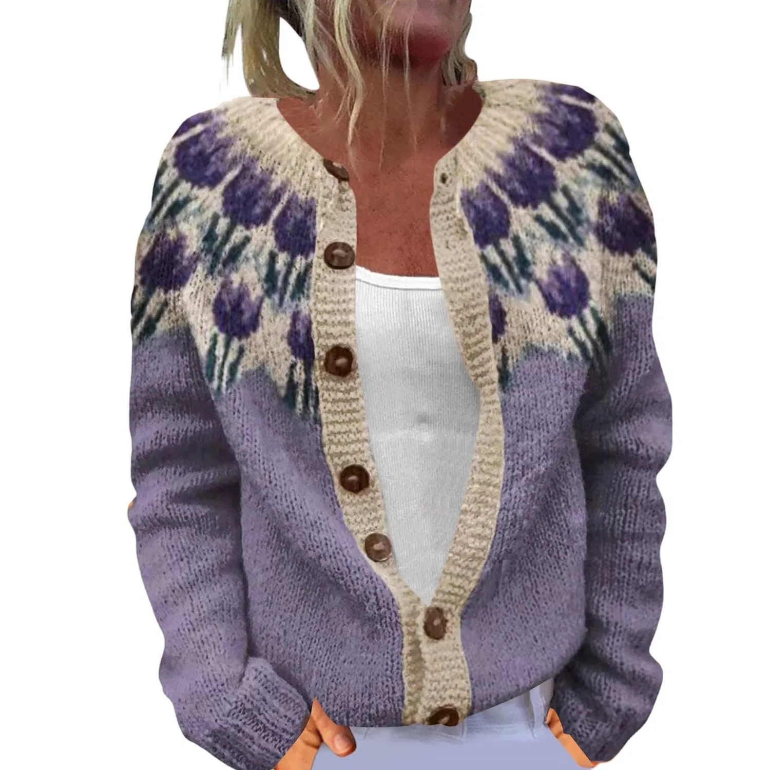 Женский кардиган с нордическим узором Fair Isle с длинным рукавом, Purple-b