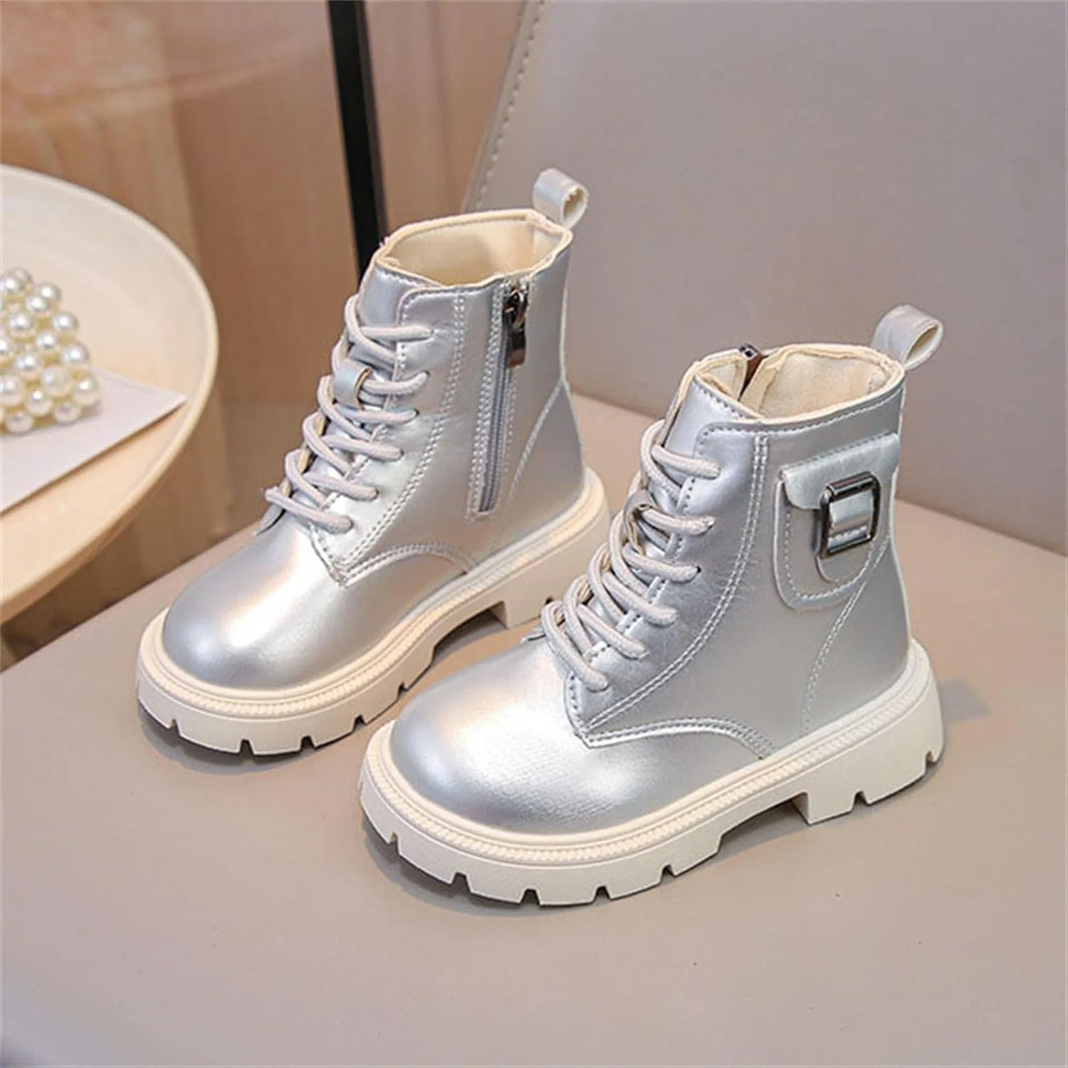 Детские зимние ботинки для девочек из замши с мехом SHOPESSA, Silver — фото 4