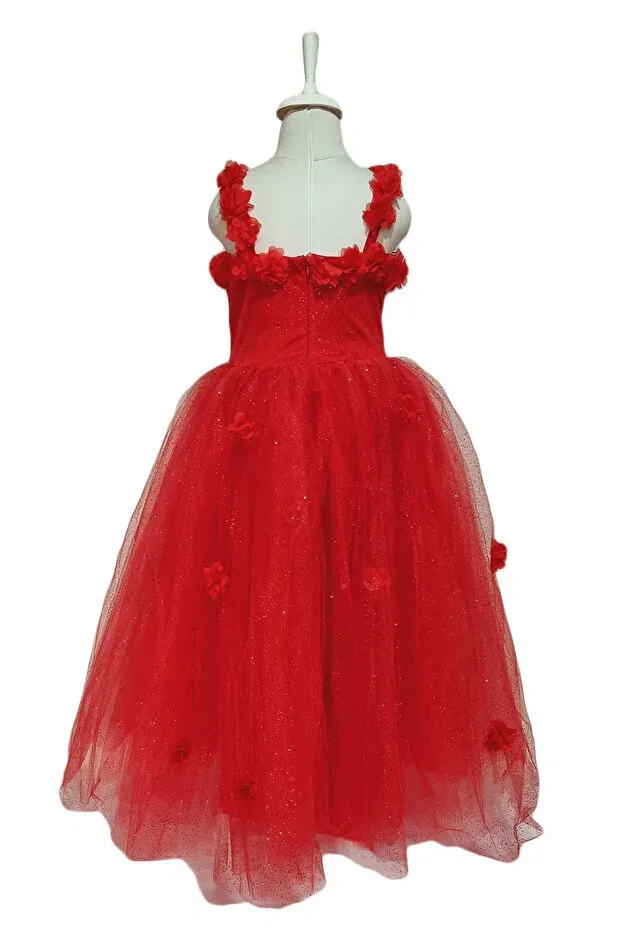 Детское платье для девочек с кристальной тюлью Crowned Red Rose Girls' Evening Dress Mashotrend, Красное — фото 4
