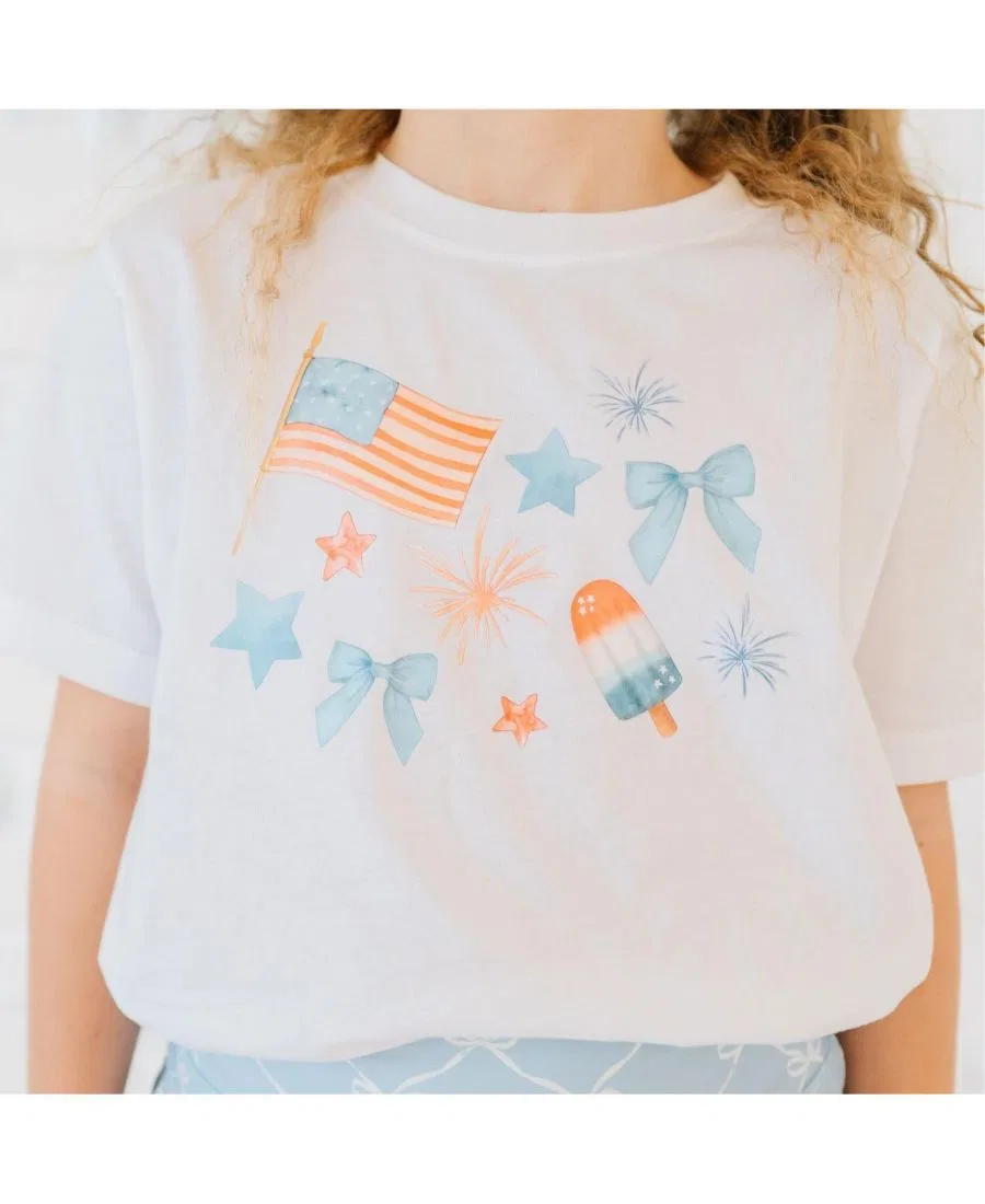 Детская футболка с коротким рукавом с принтом Patriotic Watercolor Sweet Wink, White — фото 3
