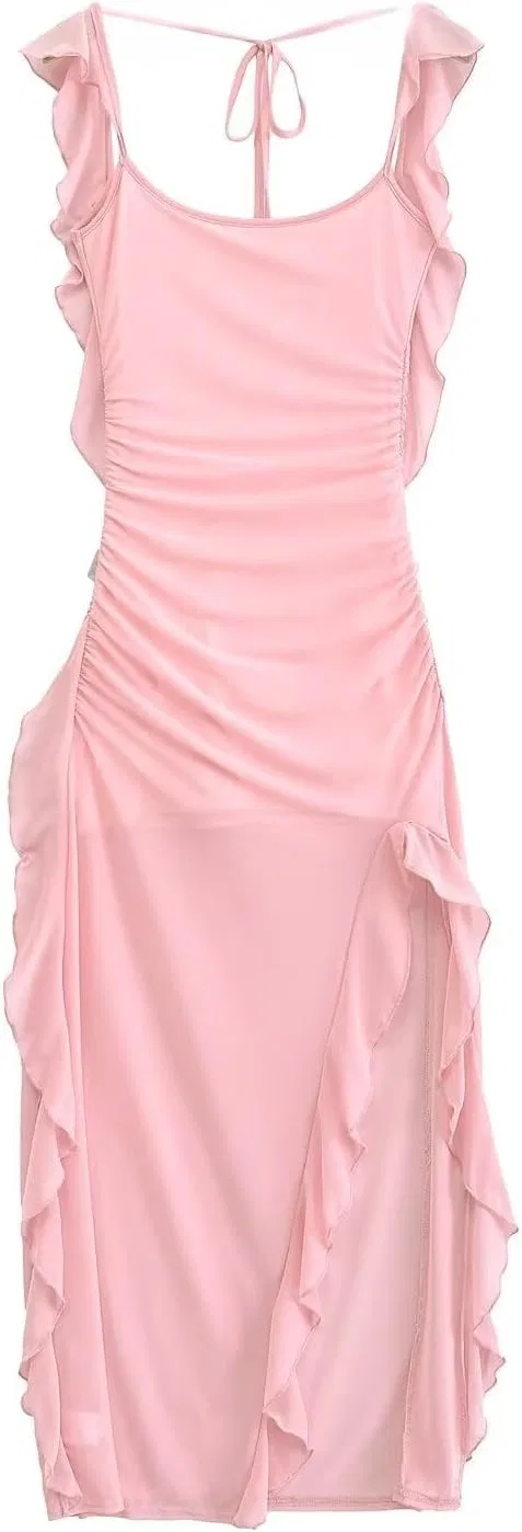 Женский сарафан макси с рюшами и плиссе, Pink