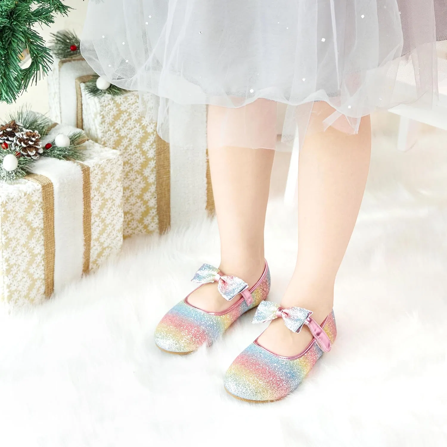 Детские туфли Мэри Джейн для девочек PHIRAMIN, Sparkly Glitter Rainbow — фото 3