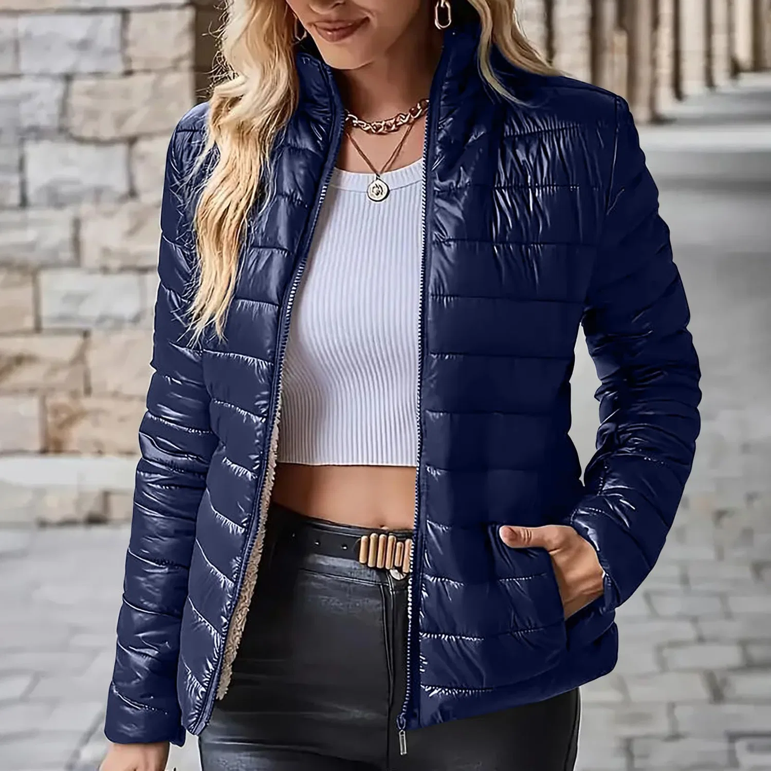 Женская куртка с принтом Stand Collar, Navy — фото 2