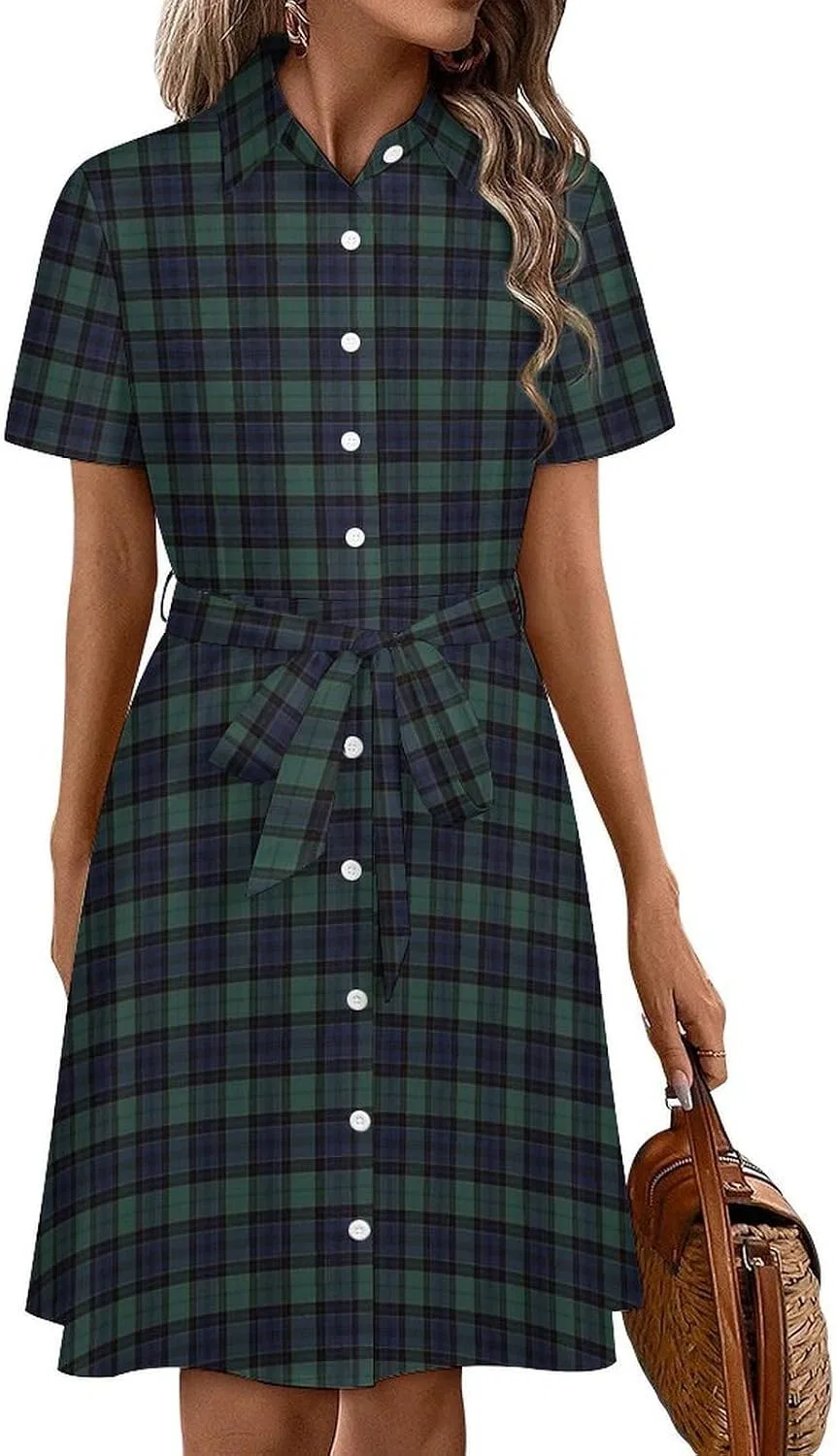 Женское платье-рубашка с клетчатым узором, Short Sleeve Tie Waist Mini Dress, Style
