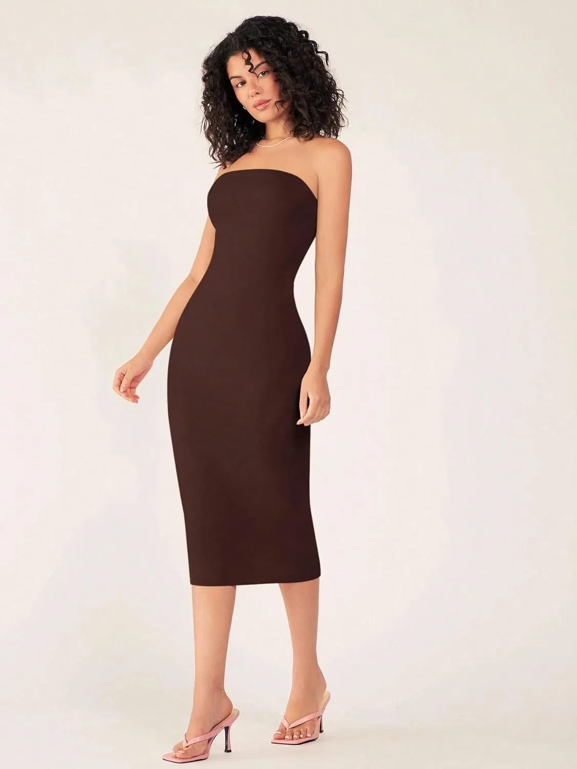 Женское повседневное миди-платье без бретелек облегающего кроя, Brown — фото 3