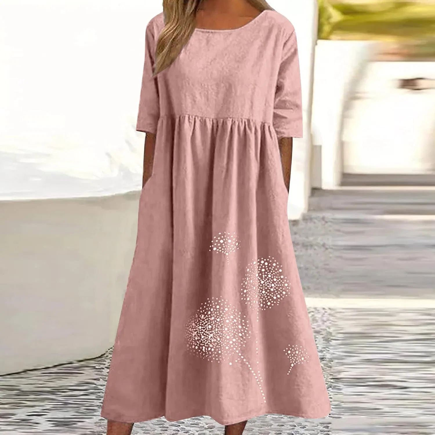 Женское хлопково-льняное платье-футболка с коротким рукавом, Pink — фото 2
