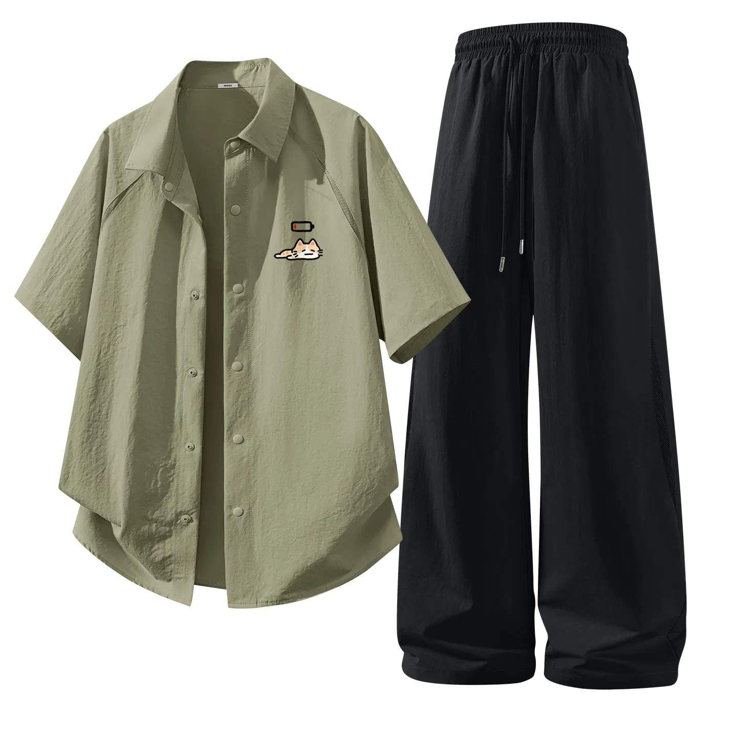 Детский комплект спортивной одежды с принтом 2 Pack MINISO, Army Green Tired Orange Cat Chest Logo + Black