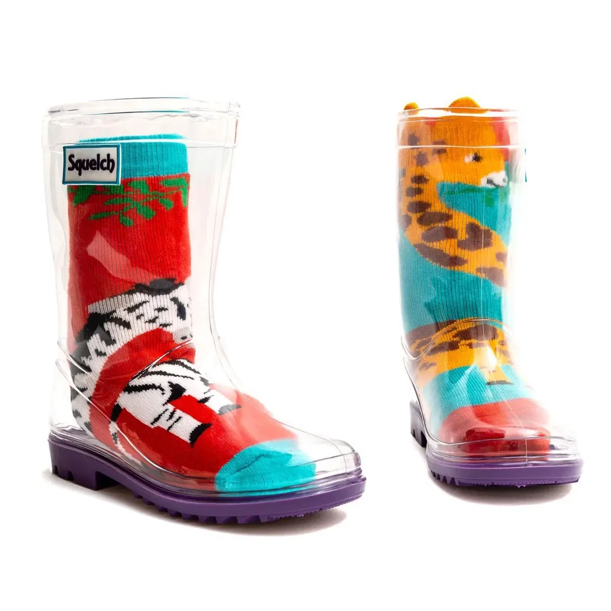Детские резиновые сапоги-носки с принтом Childs wellie socks 3-6 yrs giraffe & zebra Squelch Wellies, Multi — фото 2