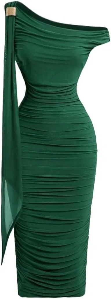 Женское приталенное платье миди с асимметричной горловиной, Dark Green