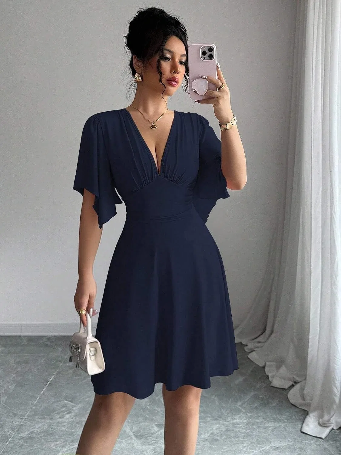 Женское мини-платье с рукавами-кимоно V-образным вырезом, Navy Blue — фото 2