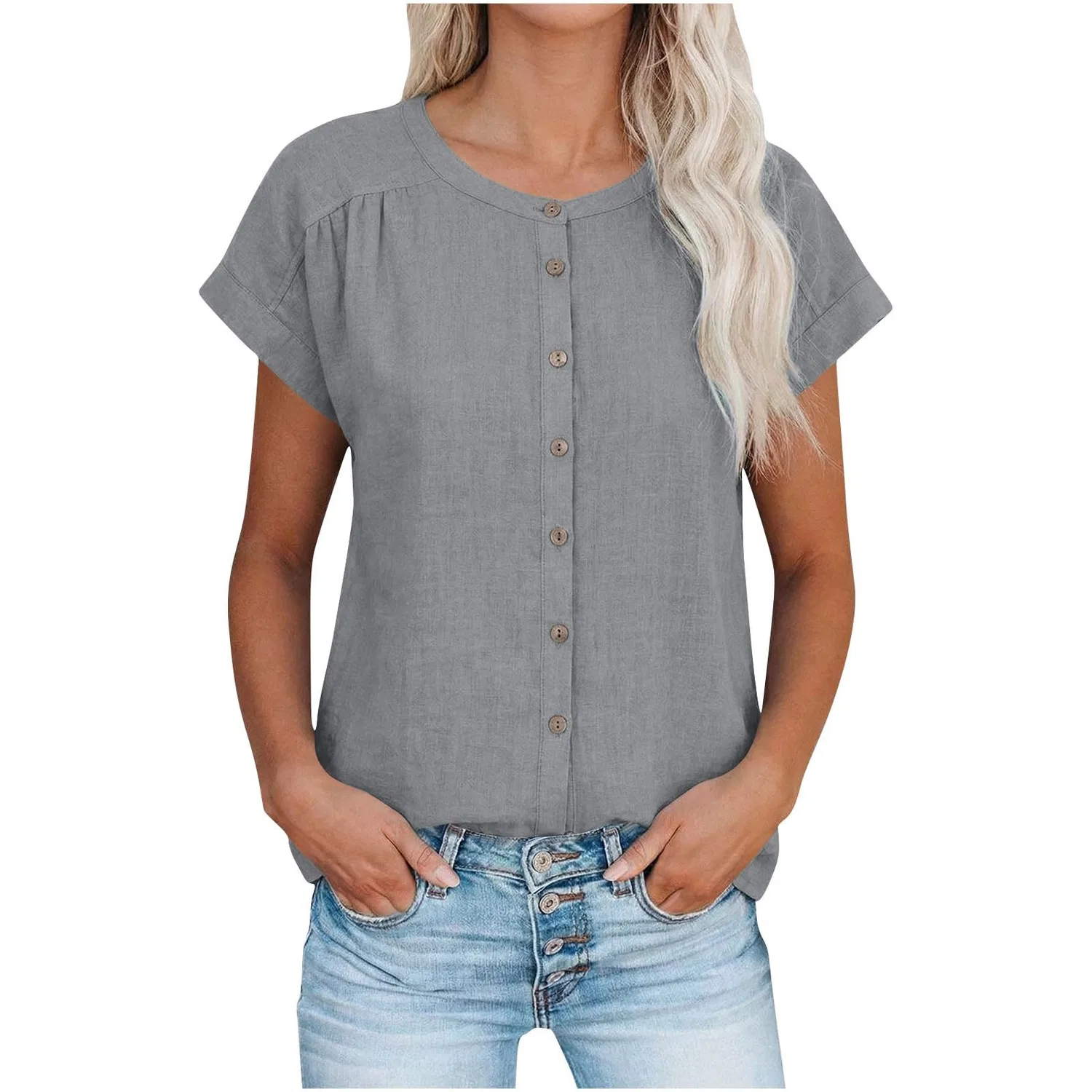 Женская льняная блузка с коротким рукавом, Za-grey