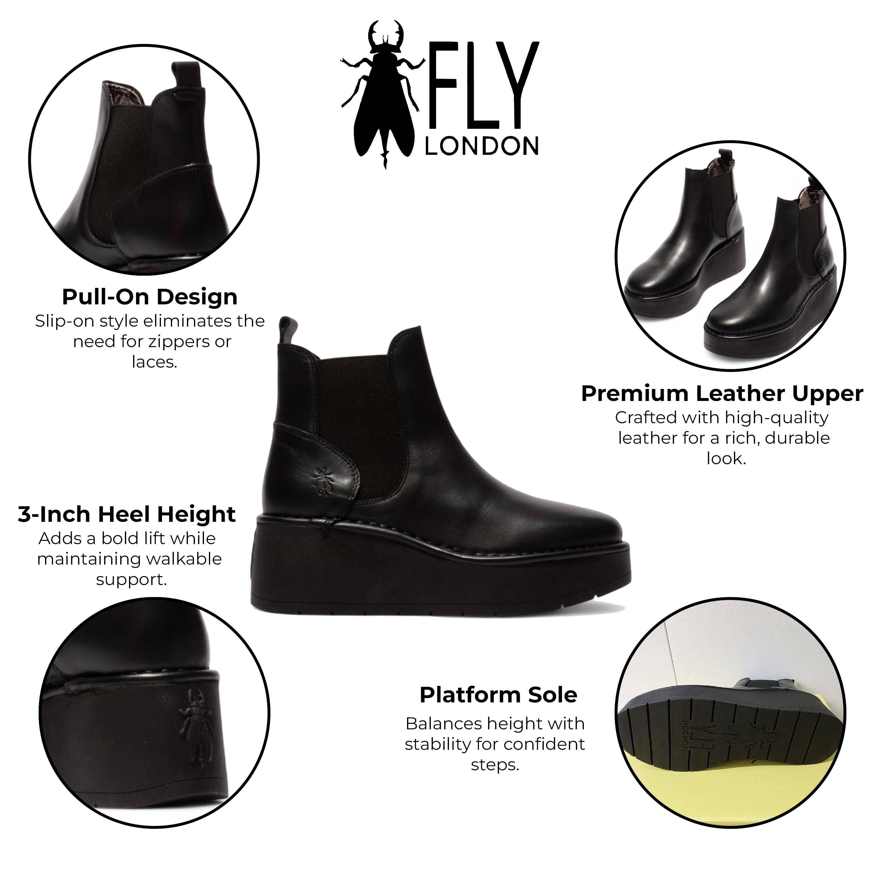 Fly London женские черные ботинки HELY268 на платформе с удобной колодкой, без шнуровки, в стиле челси — фото 2